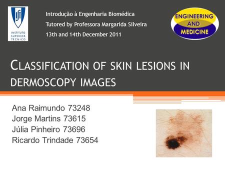 C LASSIFICATION OF SKIN LESIONS IN DERMOSCOPY IMAGES Ana Raimundo 73248 Jorge Martins 73615 Júlia Pinheiro 73696 Ricardo Trindade 73654 Introdução à Engenharia.