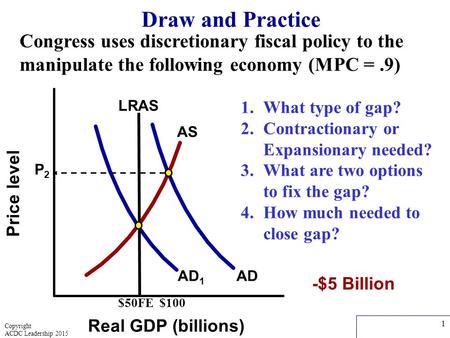 Price level Real GDP (billions) Draw and Practice AD 1 AD P2P2 $50FE $100 AS 1.What type of gap? 2.Contractionary or Expansionary needed? 3.What are two.