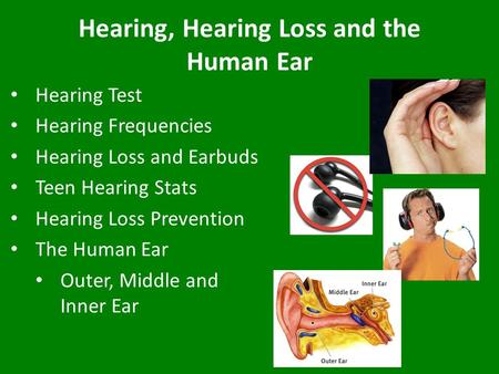 Hearing, Hearing Loss and the Human Ear Hearing Test Hearing Frequencies Hearing Loss and Earbuds Teen Hearing Stats Hearing Loss Prevention The Human.