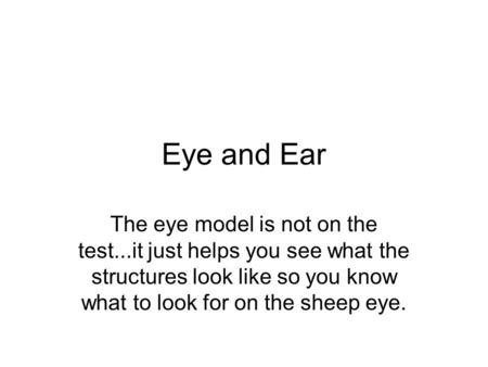 Eye and Ear The eye model is not on the test...it just helps you see what the structures look like so you know what to look for on the sheep eye.