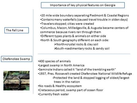 Importance of key physical features on Georgia The Fall Line Okefenokee Swamp 20 mile wide boundary separating Piedmont & Coastal Regions Contains many.