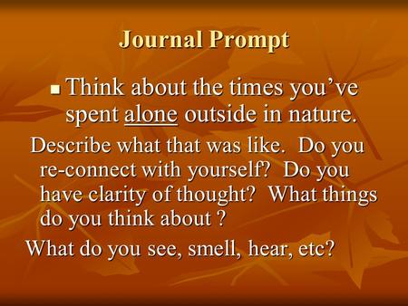 Journal Prompt Think about the times you’ve spent alone outside in nature. Think about the times you’ve spent alone outside in nature. Describe what that.