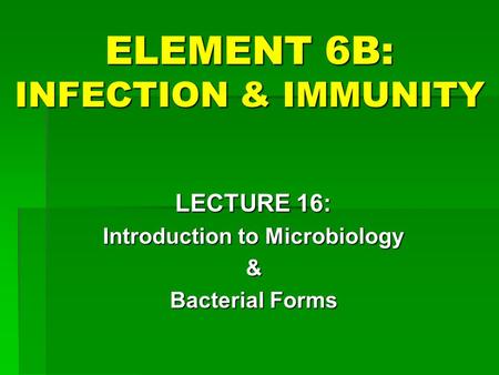 ELEMENT 6B: INFECTION & IMMUNITY LECTURE 16: Introduction to Microbiology & Bacterial Forms.