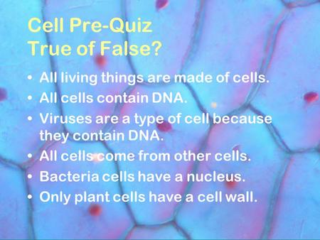 Cell Pre-Quiz True of False? All living things are made of cells. All cells contain DNA. Viruses are a type of cell because they contain DNA. All cells.