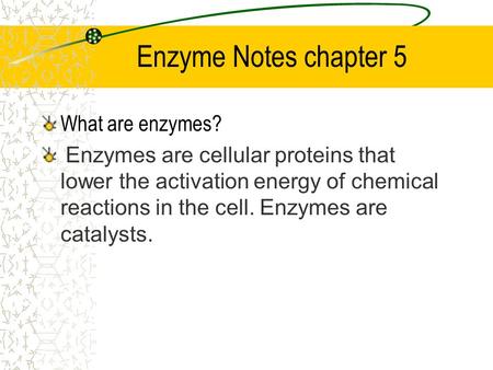 Enzyme Notes chapter 5 What are enzymes? Enzymes are cellular proteins that lower the activation energy of chemical reactions in the cell. Enzymes are.