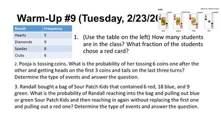 Warm-Up #9 (Tuesday, 2/23/2016) 1.(Use the table on the left) How many students are in the class? What fraction of the students chose a red card? ResultFrequency.