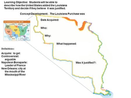 Definitions: Acquire: to get Controversial: arguable Napoleon Bonaparte: Leader of France New Orleans: city at the mouth of the Mississippi River Concept.