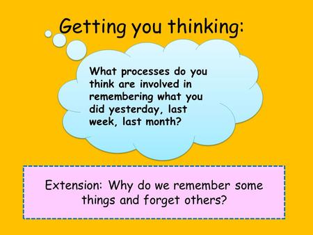 Getting you thinking: Extension: Why do we remember some things and forget others? What processes do you think are involved in remembering what you did.