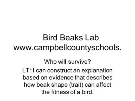 Bird Beaks Lab www.campbellcountyschools. Who will survive? LT: I can construct an explanation based on evidence that describes how beak shape (trait)