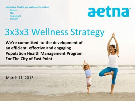 Workplace Health and Wellness Consulting Assess Plan Implement Evaluate March 11, 2013 3x3x3 Wellness Strategy We’re committed to the development of an.