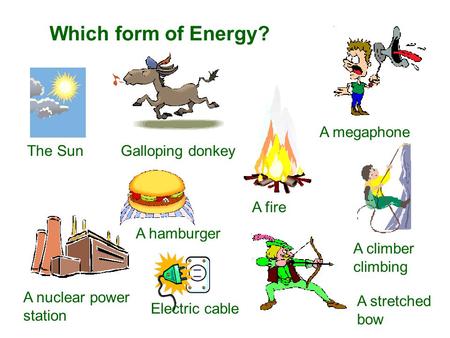 Which form of Energy? A megaphone The Sun Galloping donkey A fire