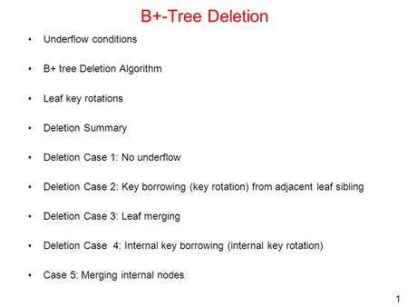 B+-Tree Deletion Underflow conditions B+ tree Deletion Algorithm