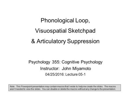 Phonological Loop, Visuospatial Sketchpad & Articulatory Suppression Psychology 355: Cognitive Psychology Instructor: John Miyamoto 04/25/2016: Lecture.