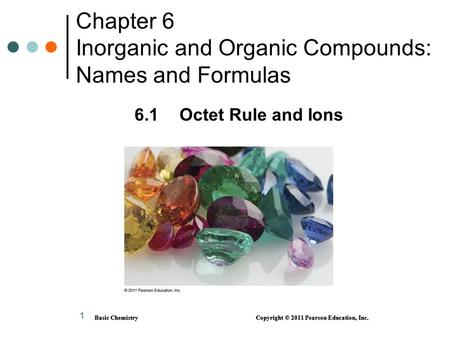 Basic Chemistry Copyright © 2011 Pearson Education, Inc. 1 Chapter 6 Inorganic and Organic Compounds: Names and Formulas 6.1 Octet Rule and Ions Basic.