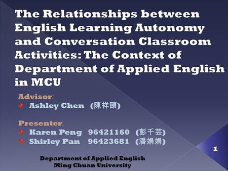 1 Advisor : Ashley Chen ( 陳祥頤 ) Presenter : Karen Peng 96421160 ( 彭千芸 ) Shirley Pan 96423681 ( 潘娟娟 ) Department of Applied English Ming Chuan University.