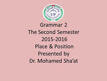 Grammar 2 The Second Semester 2015-2016 Place & Position Presented by Dr. Mohamed Sha’at.