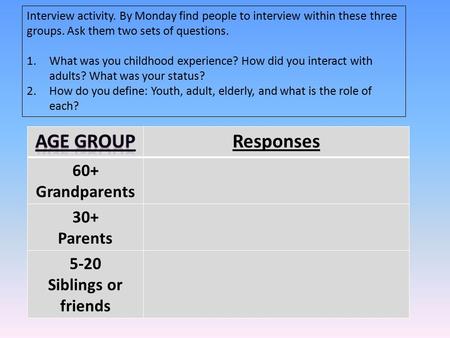 Interview activity. By Monday find people to interview within these three groups. Ask them two sets of questions. 1.What was you childhood experience?