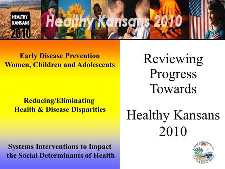 Early Disease Prevention Women, Children and Adolescents Healthy Kansans 2010 Reducing/Eliminating Health & Disease Disparities Systems Interventions to.