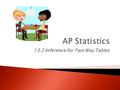 13.2 Inference for Two Way Tables.  Analyze Two Way Tables Using Chi-Squared Test for Homogeneity and Independence.