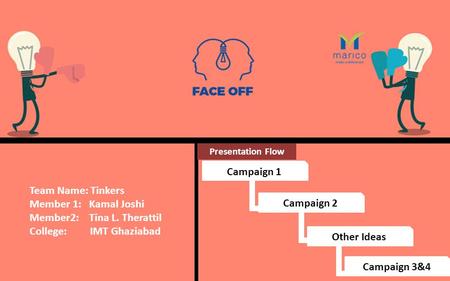 Team Name: Tinkers Member 1: Kamal Joshi Member2: Tina L. Therattil College: IMT Ghaziabad Presentation Flow Campaign 1 Campaign 2 Other Ideas Campaign.