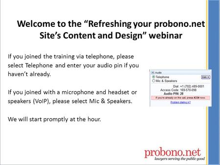 If you joined the training via telephone, please select Telephone and enter your audio pin if you haven’t already. If you joined with a microphone and.