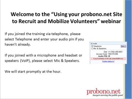 If you joined the training via telephone, please select Telephone and enter your audio pin if you haven’t already. If you joined with a microphone and.