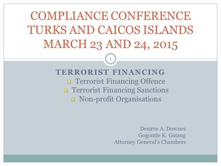 TERRORIST FINANCING  Terrorist Financing Offence  Terrorist Financing Sanctions  Non-profit Organisations Desiree A. Downes Gogontle K. Gatang Attorney.