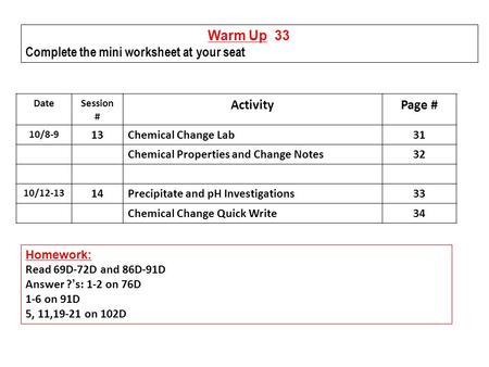 Warm Up 33 Complete the mini worksheet at your seat DateSession # ActivityPage # 10/8-9 13Chemical Change Lab31 Chemical Properties and Change Notes32.