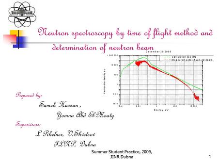 Summer Student Practice, 2009, JINR Dubna1 Neutron spectroscopy by time of flight method and determination of neutron beam Prepared by: Sameh Hassan, Yomna.