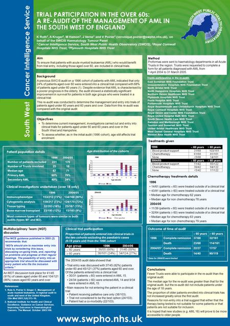 TRIAL PARTICIPATION IN THE OVER 60s: A RE-AUDIT OF THE MANAGEMENT OF AML IN THE SOUTH WEST OF ENGLAND South West Cancer Intelligence Service www.swpho.nhs.uk.