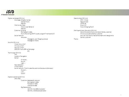 1 Digital Landscape (20 mins ) Coverage of digital market Market Trend Statistic Mobile User Data Mobile User Behavior Statistic Customer bonding Demographic.