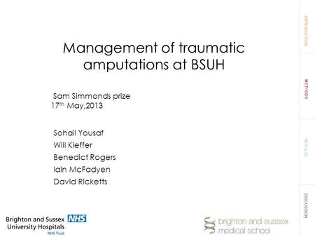 INTRODUCTION METHODS RESULTS DISCUSSION Sam Simmonds prize 17 th May,2013 Sohail Yousaf Will Kieffer Benedict Rogers Iain McFadyen David Ricketts Management.