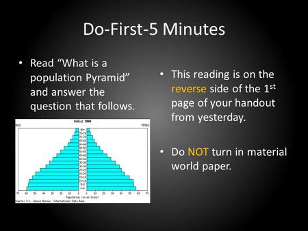 Do-First-5 Minutes Read “What is a population Pyramid” and answer the question that follows. This reading is on the reverse side of the 1 st page of your.