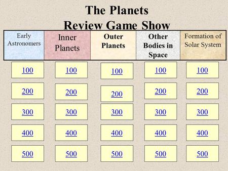 100 200 300 400 500 100 200 300 400 500 100 200 300 400 500 The Planets Review Game Show 100 200 300 400 500 100 200 300 400 500 Early Astronomers Inner.