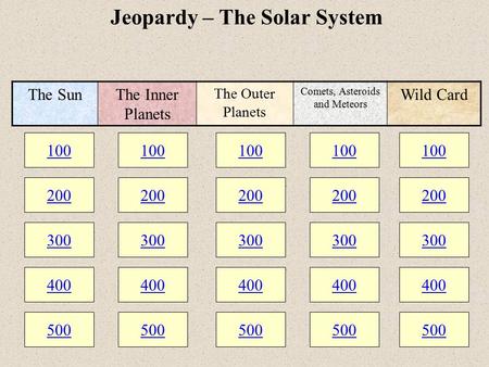 100 200 300 400 500 100 200 300 400 500 100 200 300 400 500 Jeopardy – The Solar System 100 200 300 400 500 100 200 300 400 500 The SunThe Inner Planets.