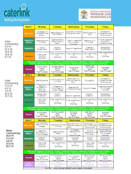 Week 1MondayTuesdayWednesdayThursdayFriday Main meal Sausages with Mashed Potatoes & Gravy Beef Lasagne with Garlic Bread Roast Pork with Roast Potatoes.