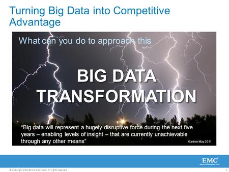 1© Copyright 2012 EMC Corporation. All rights reserved. Turning Big Data into Competitive Advantage “Big data will represent a hugely disruptive force.