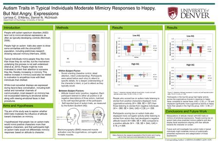 Autism Traits in Typical Individuals Moderate Mimicry Responses to Happy, But Not Angry, Expressions Larissa C. D'Abreu, Daniel N. McIntosh Department.