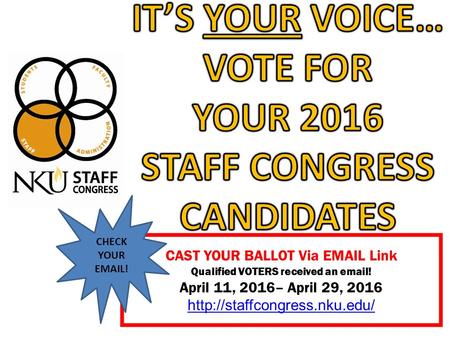 CAST YOUR BALLOT Via  Link Qualified VOTERS received an  ! April 11, 2016– April 29, 2016  CHECK YOUR  !