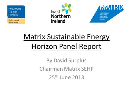 Matrix Sustainable Energy Horizon Panel Report By David Surplus Chairman Matrix SEHP 25 th June 2013.