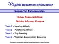 Driver Responsibilities: Making Informed Choices Topic 1 -- Insuring Vehicle Topic 2 -- Purchasing Vehicle Topic 3 -- Trip Planning Topic 4 – Virginia’s.