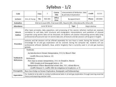 CodeClass 1 Course Title Interpretation of Reflection data & petroleum Exploration Credit 3-2-2-0 Lecturer Kim, Ki Young Rm NS3-303 Office Hour By appointment.