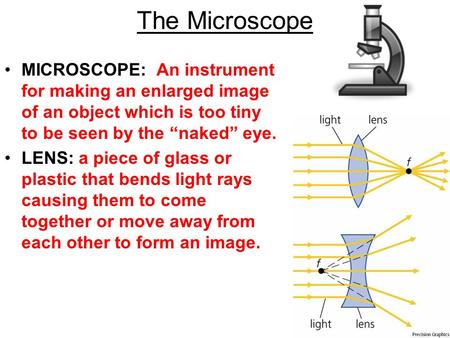 The Microscope MICROSCOPE: An instrument for making an enlarged image of an object which is too tiny to be seen by the “naked” eye. LENS: a piece of glass.