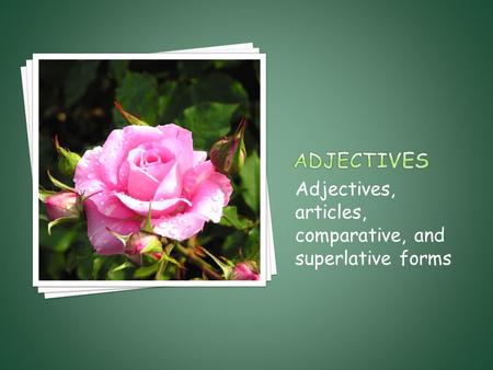 Adjectives, articles, comparative, and superlative forms.