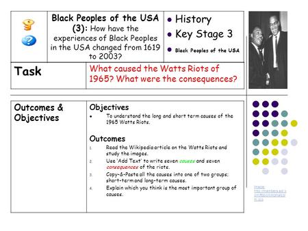 Outcomes & Objectives Objectives To understand the long and short term causes of the 1965 Watts Riots. Outcomes 1. Read the Wikipedia article on the Watts.