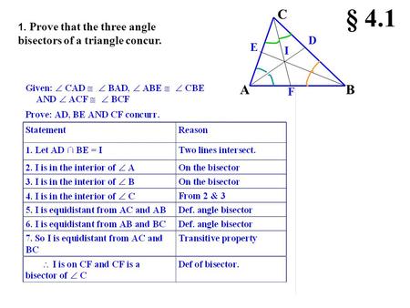 1. Prove that the three angle bisectors of a triangle concur. C AB D F E I § 4.1.