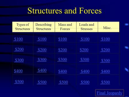 Structures and Forces Types of Structures Describing Structures Mass and Forces Loads and Stresses Misc. $100 $200 $300 $400 $500 $100 $200 $300 $400.