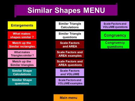 1 Similar Shapes MENU Main menu Enlargements What makes shapes similar ? Match up the Similar rectangles What makes Triangles similar ? Match up the Similar.