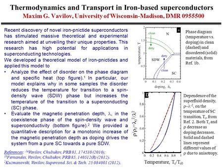 Thermodynamics and Transport in Iron-based superconductors Maxim G. Vavilov, University of Wisconsin-Madison, DMR 0955500 Recent discovery of novel iron-pnictide.