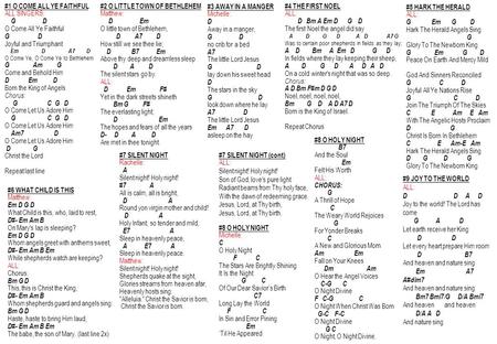 #1 O COME ALL YE FAITHFUL ALL SINGERS: G D O Come All Ye Faithful G D Joyful and Triumphant Em D A7 D O Come Ye, O Come Ye to Bethlehem G Am G Come and.